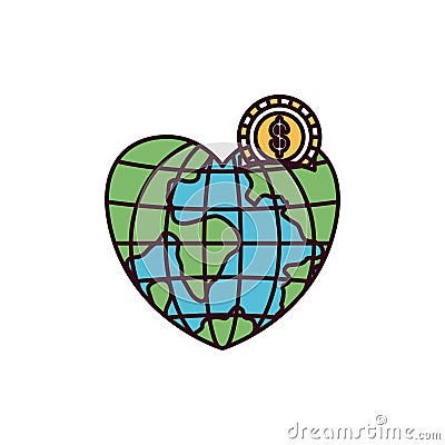 Silhouette color sections money box in globe earth world in heart shape with coin with dollar symbol Vector Illustration
