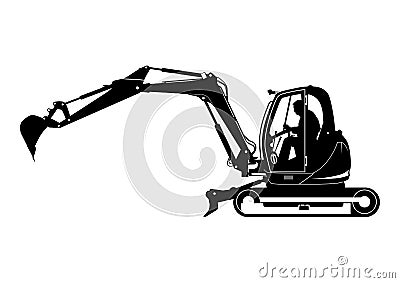 Silhouette of compact excavator with driver. Vector Illustration