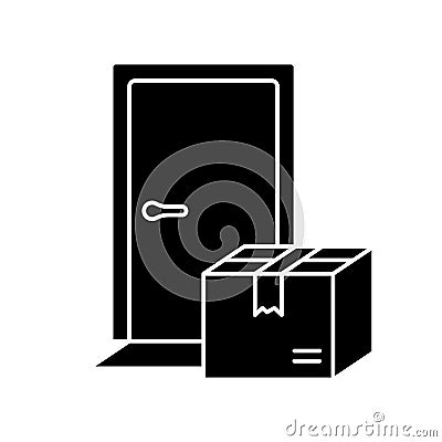 Silhouette Contactless delivery. Outline icon of front door, package box. Black illustration of online shopping, buying food, Vector Illustration
