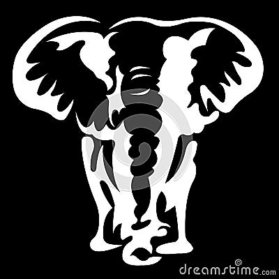 The silhouette, a contour of an elephant of white color on a black background is drawn with different width lines. Logo elephant Cartoon Illustration