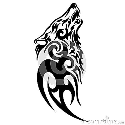 Silhouette, contour of the face of the wolf in black on a white background is drawn using various lines of curls Vector Illustration