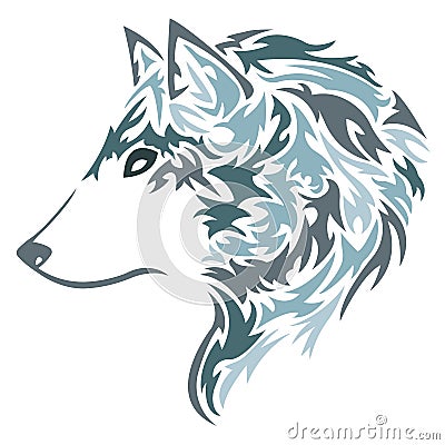 Silhouette, contour of the muzzle of the wolf fox in blue over a white background is drawn with curlicues Cartoon Illustration