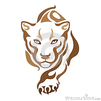 The silhouette, contour of a tiger lion panther of brown color over a white background is drawn by lines of various widths Vector Illustration