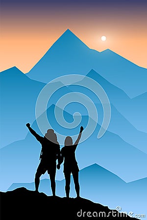 Silhouette of couple hikers with raised handsSilhouette of couple hikers with raised hands Vector Illustration