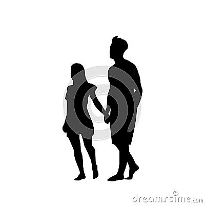 Silhouette Couple Man And Woman Walk Holding Hands Full Length Over White Background Vector Illustration