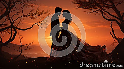 Silhouette of a couple of newlyweds in love at sunset against the background Stock Photo