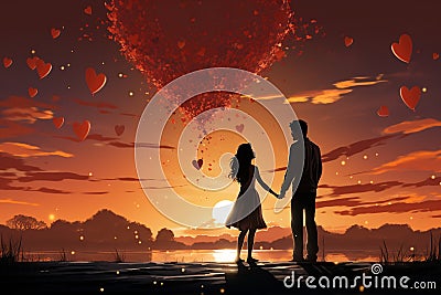 silhouette of a couple releasing heart shaped balloon Stock Photo