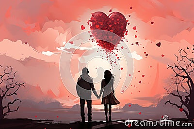 silhouette of a couple releasing with red heart Stock Photo