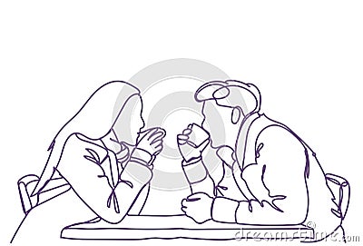 Silhouette Couple Sit At Cafe Table Drinking Coffee Or Tea, Doodle Man And Woman Dating White Background Vector Illustration