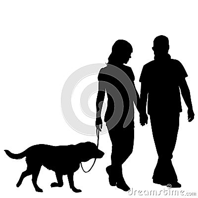 Silhouette of couple taking dog for walk Vector Illustration