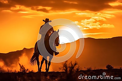 A silhouette of a cowboy riding against a vibrant sunset, capturing the beauty and solitude of the Western frontier. Generative Ai Stock Photo