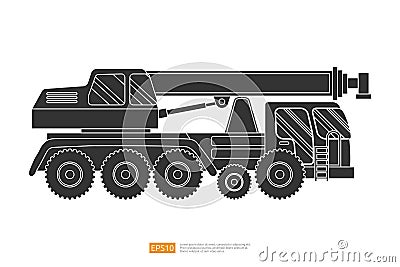 Silhouette crane truck illustration on white background. Isolated construction vehicle car. heavy equipment commercial Vector Illustration