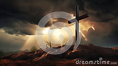 Silhouette of a cross against a background of thunderclouds and light. Calvary. Easter concept. Resurrection of Jesus Stock Photo