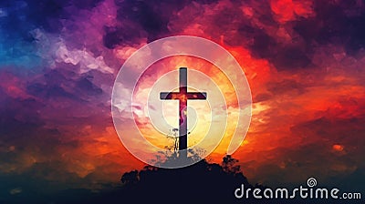 Silhouette of cross with backdrop of sunset Stock Photo