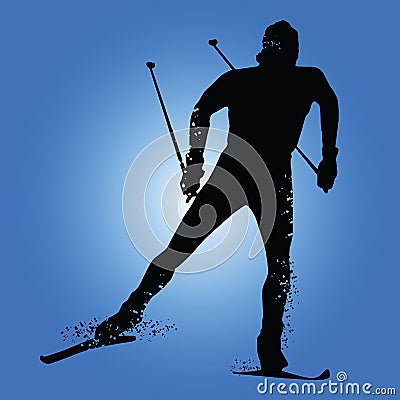 Silhouette cross country skiing on blue background Vector Illustration