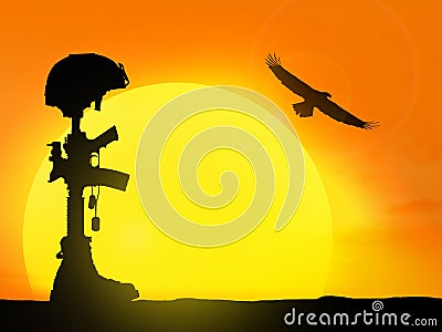 Silhouette of the cross of the fallen soldier. Stock Photo