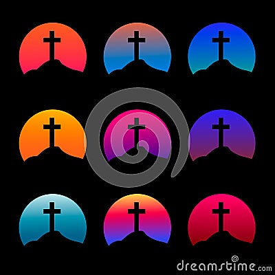Silhouette of a cross with a gradient sunset background Vector Illustration