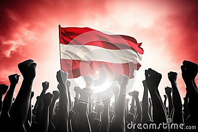 Silhouette of a crowd of people with the flag of Austria, Silhouette of raised arms and clenched fists on the background of the Stock Photo