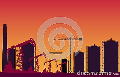 crude oil pump station and tank construction site on orange gradient background Vector Illustration