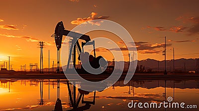 Silhouette of Crude oil pumpjack rig on desert silhouette in evening sunset, energy industrial machine for petroleum gas Stock Photo