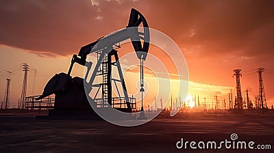 Silhouette of Crude oil pumpjack rig on desert silhouette in evening sunset, energy industrial machine for petroleum gas Stock Photo