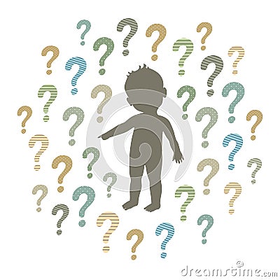 Silhouette of a curious child pointing at something and question marks around Vector Illustration