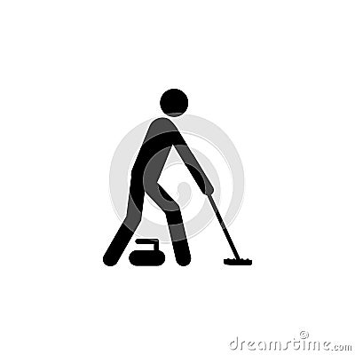 Silhouette Curling athlete isolated. icon Winter sport games discipline. Black and white design vector illustration. Web pictogram Vector Illustration