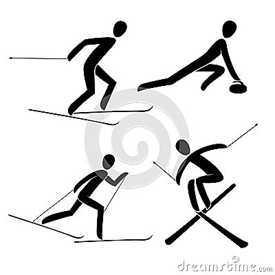 Silhouette curling , racing, alpine freestyle skiing isolated illustration Vector Illustration