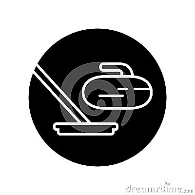 Silhouette Curling round emblem. Stone and broom. Outline icon of sport game. Black simple illustration for package design. Flat Vector Illustration