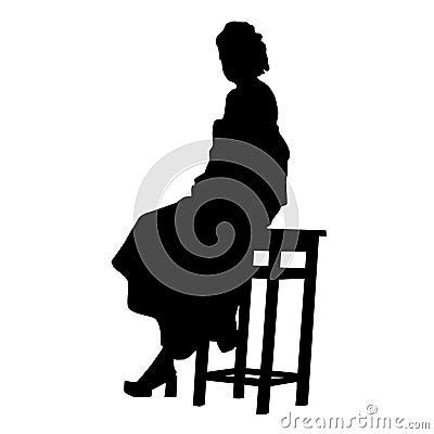 Silhouette of curly elegant woman in a dress sitting on a high stool. Black grey on white background Vector Illustration