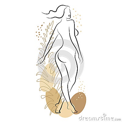 Silhouette of a cute lady and leaves of a plant. The girl is standing. The woman has a beautiful naked figure. She is Cartoon Illustration