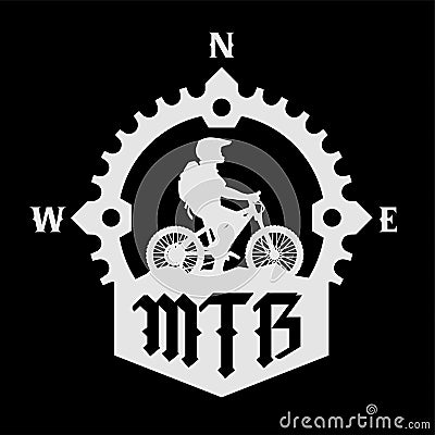 Silhouette of a cyclist on and the MTB letters on a dark background. Vector illustration. Stock Photo