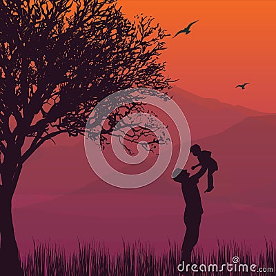 Silhouette dad hold up baby son in the air fatherhood happy moments Vector Illustration