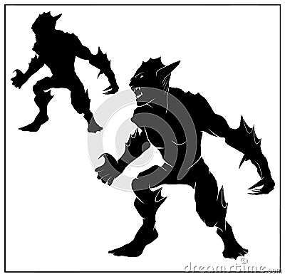 The silhouette of a dark fantasy creature, sea goblin with sharp teeth and claws in full height without background Vector Illustration