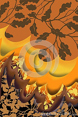 Autumn tree leaves and layered color flames in corner of page, for 3D decorative border edge background Stock Photo