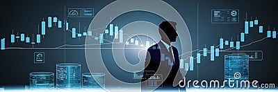 Silhouette of a data analyst with stock graphs and algorithm visuals in double exposure Stock Photo