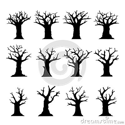 Silhouette Dead Tree without Leaves collection isolated on white. Vector Illustration