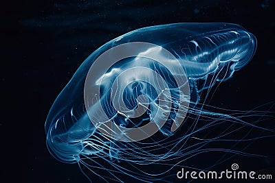 The silhouette of a deep-sea jellyfish, its translucent body pulsing gracefully Stock Photo