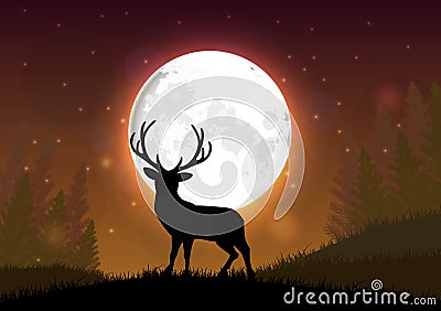 Silhouette of a deer standing on a hill at night Vector Illustration