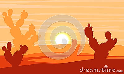 Silhouette. Desert with sand, stones and large green cacti Opuntia Vector Illustration