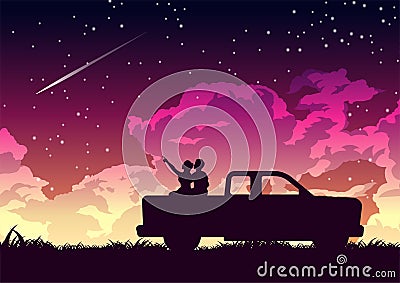 Silhouette design of couple on the back of truck to look stars Vector Illustration