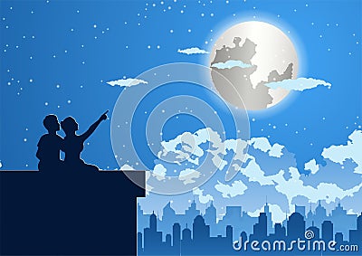 Silhouette design of couple are on the top of building to look to the stars Vector Illustration