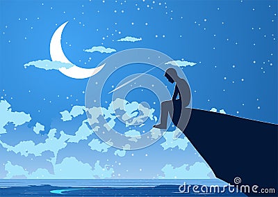 Silhouette design of lonely young man on silent night at the peak of cliff Vector Illustration