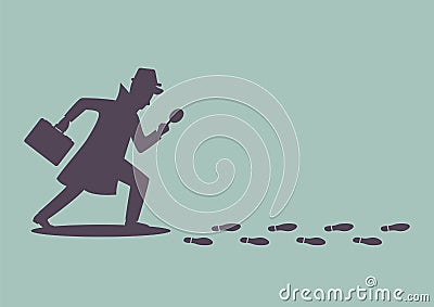 Silhouette of detective investigate is following footprints Vector Illustration