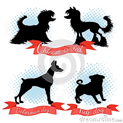 Silhouette different dog breeds set. Vector Illustration