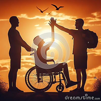 silhouette of disabled handicapped young man in wheelchair raised hands with his care helper in sunset Stock Photo