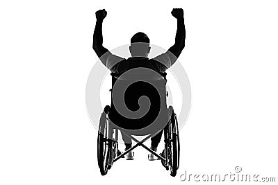 Silhouette of a disabled man in a wheelchair raised his hands. The concept of disability and illness, happiness, joy, success Stock Photo