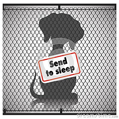 Silhouette of a dog in a cage with a sign. Vector Illustration