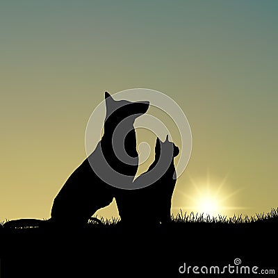 Silhouette of dog and cat on grass template Vector Illustration