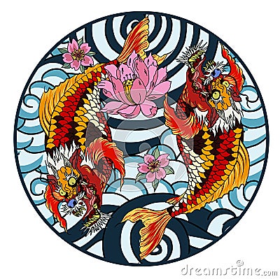 Dragon head and koi carp fish in circle design for tattoo Vector Illustration